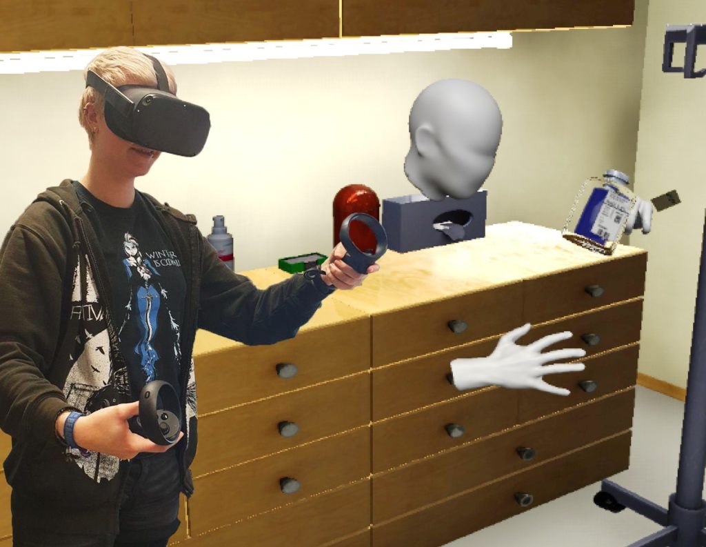 example of a virtual reality training application to train infusion preparation with an inserted image of a user